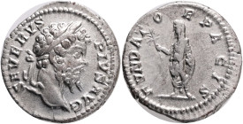 Septimius Severus AR Denarius. Rome,Obv.: SEVERVS PIVS AVG, laureate head to right . Rev.: FVNDATOR PACIS, Emperor, veiled and togate, standing to lef...
