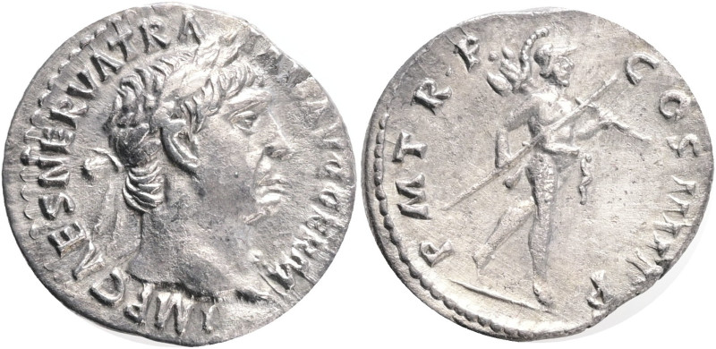 Trajan (AD 98-117). Rome.AR Denarius. Obv: IMP CAES NERVA TRAIAN AVG GERM. Laure...