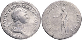Trajan (AD 98-117). Rome.AR Denarius.Obv: IMP TRAIANO AVG GER DAC P M TR P COS VI P P. Laureate and draped bust right.Rev: SPQR OPTIMO PRINCIPI. Nude ...