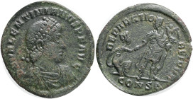 Valentinian I. AD 364 - 375. Æ, Constantinople mint,Obv.:D N VALENTINIANVS P F AVG, pearl-diademed, draped, and cuirassed bust right ,Rev.: REPARATIO ...