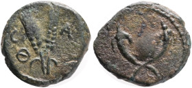 COMMAGENE. Samosata. Time of Hadrian, 117-138. Ae, Obv.: Two crossed cornucopias. Rev. Two ears of grain; C-A / Θ-N (date). Ref.: RPC III 3416; Butche...