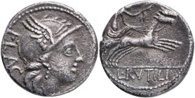 Roman Republic, L. Rutilius Flaccus AR Denarius. Rome, 77 BC. Helmeted head of Roma right, FLAC behind / Victory, holding wreath aloft with right hand...