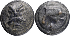 Anonymous, As;, c. 225-217 BC; Æ, Mint: Rome. Laureate, bearded head of Janus on raised disk; – (mark of value) below; Rv. Prow of war galley r. on ra...