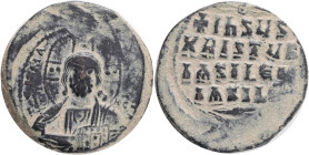 Anonymous, Constantinople, AE follis, Time of Basil II & Constantine VIII, (ca 976-1025 AD).Obv: +ЄMMA NOVHΛ. Bust of Christ Pantocrator facing, beard...