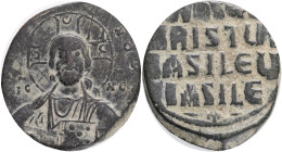 Anonymous, Constantinople, AE follis, Time of Basil II & Constantine VIII, (ca 976-1025 AD).Obv: +ЄMMA NOVHΛ. Bust of Christ Pantocrator facing, beard...
