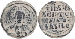 Anonymous, Constantinople, AE follis, Time of Basil II & Constantine VIII, (ca 976-1025 AD).Obv: +ЄMMA NOVHΛ. Bust of Christ Pantocrator facing, beard...