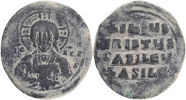 Anonymous, Constantinople, AE follis, Time of Basil II & Constantine VIII, (ca 976-1025 AD).Obv: +ЄMMA NOVHΛ. Bust of Christ Pantocrator facing, beard...