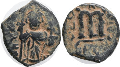 Byzantine, Constans II, AE, Follis. Uncertain Mint. 641-668 AD. Obv: EN T ૪ TO [NIKA], Constans beardless, crowned and wearing chlamys, standing facin...