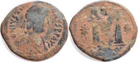 Byzantine, JUSTINIAN I (527-565),Theoupolis (Antioch) AE follis. Obv: D N IVSTINIANVS P P AVG.Diademed, draped and cuirassed bust right. Rev: Large M;...
