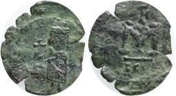 Byzantine, Justinian II (First reign, 685-695). Æ 40 Nummi Syracuse, c. AD 686. Justinian standing facing, wearing crown and chlamys, holding globus c...