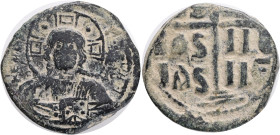 Byzantine, Romanus III, AE, Follis. Constantinople. Anonymous. Class B. 1028-1034 AD. Obv: + EM[MA NOVHΛ] / [I]C [XC], Bust of Christ facing, holding ...