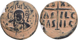 Byzantine, Romanus III, AE, Follis. Constantinople. Anonymous. Class B. 1028-1034 AD. Obv: + EM[MA NOVHΛ] / [I]C [XC], Bust of Christ facing, holding ...