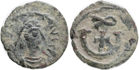 Justinian I (527-565), Theoupolis (Antiochia), AE pentanummium .Obv.: D N IVSTINIANVS P P AVG, diademed, draped, and cuirassed bust of Justinian I to ...