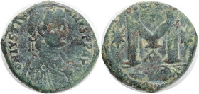 Justinianus I (527-565) AE Follis,Theoupolis . Obv.: D N IVSTINIANVS PP AVG, diademed, draped and cuirassed bust r., Large M between two stars, above,...