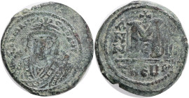 Maurice Tiberius 582-602 AD, AE follis,Theupolis, Obv.: DNMAVΓ…-ICNPAV... Crowned bust of Maurice Tiberius facing, wearing consular robes, in right ha...