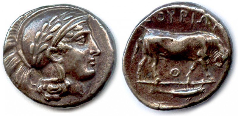 LUCANIE - THURIUM 425-400
Tête d’Athéna à droite, coiffée d’un casque lauré. 
R/...