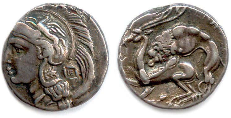 LUCANIE - VÉLIA 350-280
Tête casquée d’Athéna. R/. Lion attaquant un cerf.
Nomos...