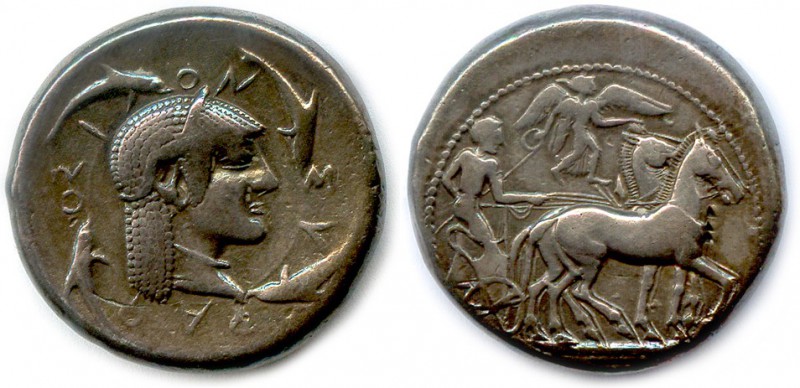 SICILE - SYRACUSE Règne de Gélon 485-478
Tête diadémée de la nymphe Aréthuse, le...