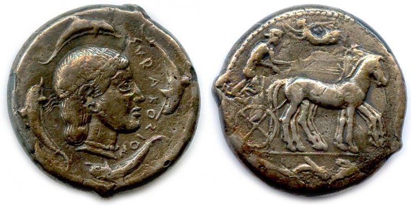 SICILE - SYRACUSE Hiéron Ier et Thrasybule 478-465
Tête de la nymphe Aréthuse, l...