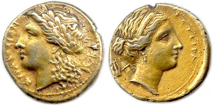 SICILE - SYRACUSE Règne d’Agathoclès 317-289
Tête laurée d’Apollon. AKOIΩN et ly...