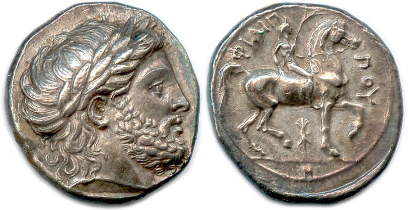 PHILIPPE II 359-336
Tête laurée de Zeus. R/. Cavalier nu tenant une palme. 
Dess...