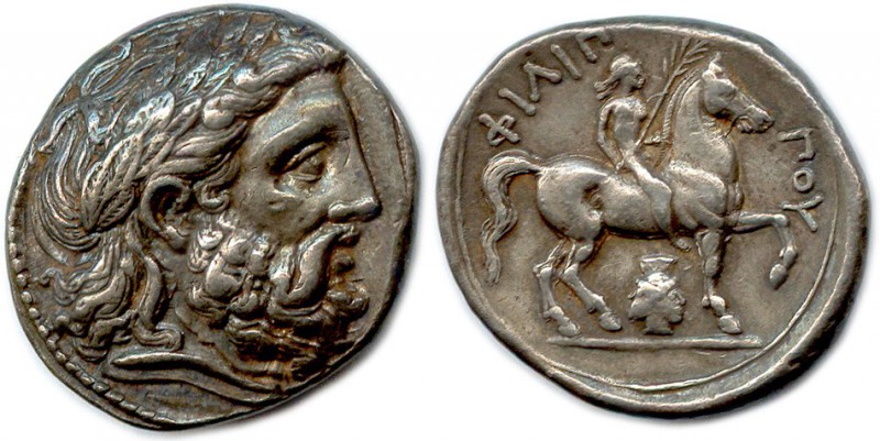 PHILIPPE II 359-336
Tête laurée de Zeus. R/. Cavalier nu tenant une palme. 
Dess...