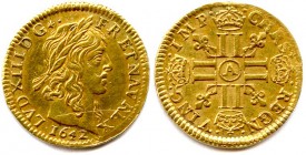 LOUIS XIII le Juste 1610-1643
Demi-louis d’or à la mèche longue 1642 A = Paris. (3,34 g)