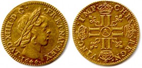 LOUIS XIV le Grand 1643-1715
Demi-louis d’or à la mèche courte 1644 A = Paris. (3,34 g)