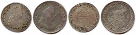 LOUIS XIV le Grand 1643-1715
Deux monnaies
Demi-écu d’argent à la mèche longue 1655 Bayonne.Dy 1470 
Demi-écu Carambole aux Palmes 1694 Lille (Réforma...