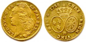 LOUIS XV le Bien Aimé 1715-1774
Double-louis d’or au bandeau 1758 BB = Strasbourg. (13,27 g)