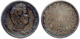 LOUIS-PHILIPPE Ier Le roi Bourgeois 
fils de Louis-Philippe Joseph, duc d’Orléans
9 avril 1830 - 24 février 1848
5 Francs argent 1831 Lille contremarq...
