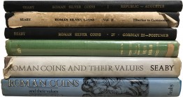 SEABY
Lot de 6 OUVRAGES (reliés toilés). 
Roman Silver Coins (volume I 1952, volume II 1954, 
volume IV 1971). 
Romain Coins and their values (édition...