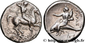 CALABRIA - TARAS
Type : Nomos ou Didrachme 
Date : c. 332-302 AC 
Mint name / Town : Tarente, Calabre 
Metal : silver 
Diameter : 20,5  mm
Orientation...