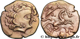 GALLIA - AULERCI CENOMANI (Area of Le Mans)
Type : Statère d'or au cheval androcéphale et au personnage allongé, aux deux armes 
Date : c. 80-50 AC. 
...