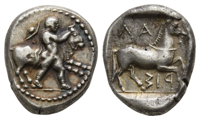 Thessaly, Larissa AR Drachm. 440-420 BC. Thessalos, petasus and cloak tied at ne...