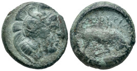 Southern Lucania, Thourioi, c. 400-375 BC. Æ (17mm,5.41g). Helmeted head of Athena r., helmet decorated with hippocamp. R/ Bull butting r.; fish r. in...