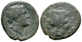 Bruttium, Rhegion, c. 351-280 BC. Æ (17mm, 2.47g). Facing lion mask. R/ Laureate head of Apollo r.; herm behind. HNItaly 2535; HGC 1, 1694. Green pati...