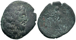 Bruttium, Rhegion, c. 215-150 BC. Æ Tetras (24mm, 6.42g). Laureate head of Asklepios r. R/ Hygieia standing l., holding serpent; III to l. HNItaly 256...