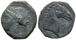 Carthaginian Domain, Sardinia, c. 264-241 BC. Æ (20mm, 4.67g). Wreathed head of Kore-Tanit l. R/ Head of horse r.; palm-tree before. Piras 21; CNP 252...