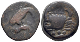 Sicily, Akragas, c. 425/0-410/06 BC. Æ Tetras (18mm, 5.97g). Eagle standing r. on hare, head lowered, wings spread. R/ Crab; below, three pellets and ...