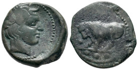 Sicily, Gela, c. 420-405 BC. Æ Tetras (18mm, 4.60g). Bull standing l., head lowered; three pellets in exergue. R/ Head of horned river god r. Jenkins,...