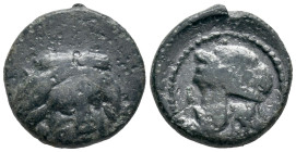 Sicily, Gela, c. 315-310 BC. Æ (15mm, 2.66g). Wreathed head of Demeter facing slightly r. R/ Wreathed head of Gelas l. CNS III, 59; HGC 2, 388. Good F...