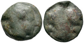 Sicily, Selinos, c. 450-440 BC. Cast Æ Hexas (19mm, 8.42g). Youthful head of river-god Selinos r. R/ Selinon leaf; two pellets flanking. CNS I, 8; SNG...