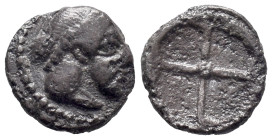 Sicily, Syracuse. Hieron I (478-466 BC). AR Litral (9mm, 0.64g), c. 475-470. Diademed head of Arethusa r. R/ Wheel of four spokes. Boehringer 362-70; ...