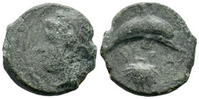 Sicily, Syracuse, c. 415-405 BC. Æ Hemilitron (15mm, 2.83g). Head of Arethusa l., hair bound in ampyx and sphendone; two leaves to r. R/ Dolphin swimm...