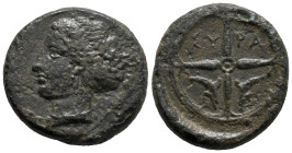 Sicily, Syracuse, c. 415-405 BC. Æ Hemilitron (17mm, 3.87). Head of Arethusa l., hair in sphendone. R/ Wheel of four spokes; dolphins in lower quarter...