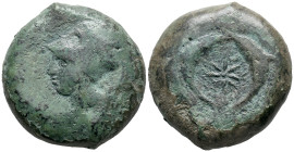 Sicily, Syracuse. Dionysios I (405-367 BC). Æ Drachm (29mm, 32.47g), c. 380 BC. Head of Athena l., wearing Corinthian helmet decorated with wreath. R/...