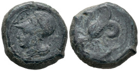 Sicily, Syracuse, 400-390 BC. Æ Litra (20mm, 7.87g). Head of Athena l., wearing Corinthian helmet decorated with wreath. R/ Hippocamp l. CNS II, 41; S...