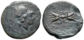 Sicily, Syracuse. Agathokles (317-289 BC). Æ (18mm, 2.88g). Helmeted head of Athena r. R/ Winged thunderbolt. CNS II, 119; HGC 2, 1510. Near VF