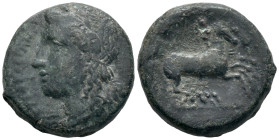 Sicily, Syracuse. Hiketas II (287-278 BC). Æ (20mm, 7.58g), c. 287-283. Wreathed head of Kore l. R/ Charioteer driving biga r.; star above. CNS II, 12...